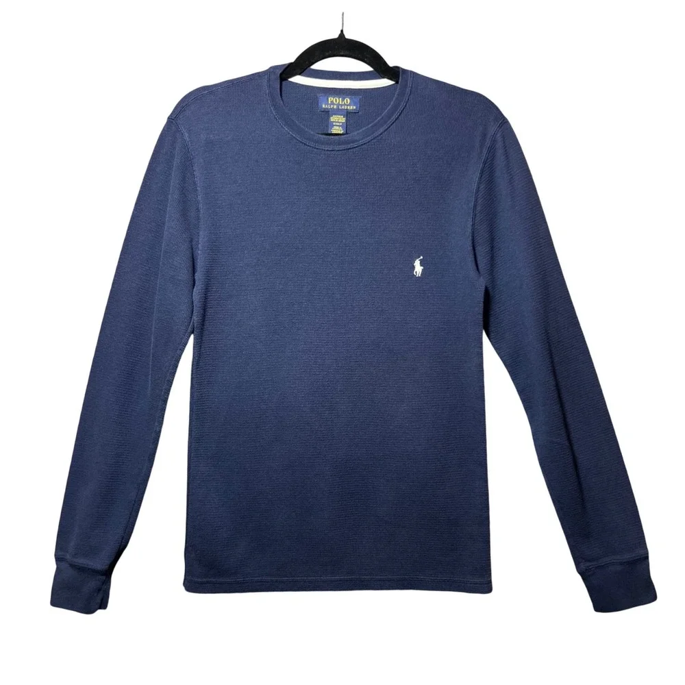 Polo Ralph Lauren Mens Navy Blue Waffle Knit Thermal Long Sleeve Sleep Shirt S